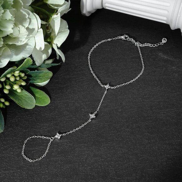 Sterling Silver SL-round Clover Link Chain Ring Bracelet Hand Chain for Women - Picture 7 of 7